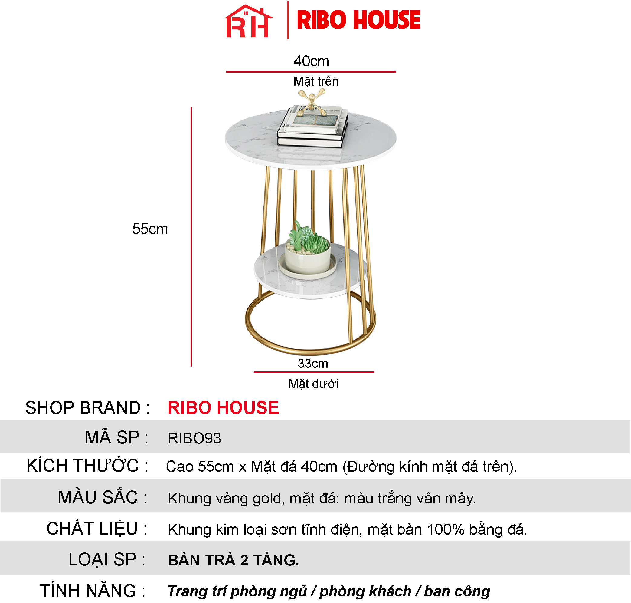 Bàn trà đơn tab kệ 2 tầng mặt đá nhân tạo RIBO HOUSE khung kim loại sơn tĩnh điện phù hợp mọi không gian mẫu 3 RIBO50