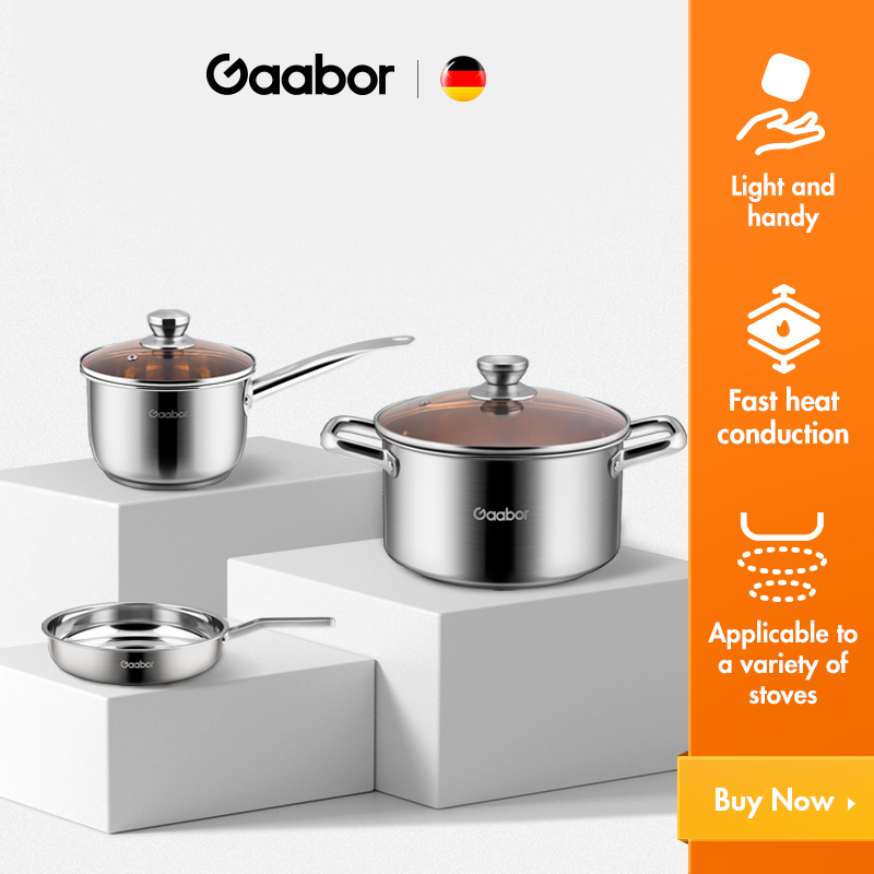 Bộ nồi chảo inox cao cấp đáy từ GAABOR GS-S828A nắp kính (1 Quánh 16cm, 1 Nồi 20cm và 1 Chảo 26cm)