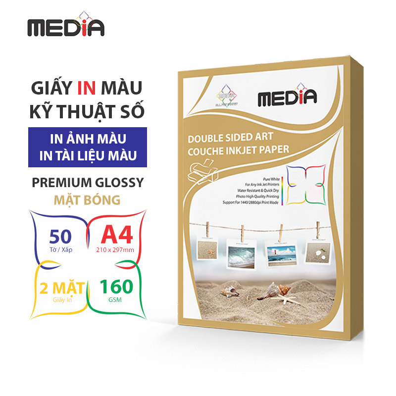 Giấy In Màu Kỹ Thuật Số MEDIA 2 Mặt Bóng (Glossy) Khổ A4 (210 x 297mm) Định Lượng 160/230/260/300gsm 50 Tờ, Dùng In Ảnh Màu &amp; Tài Liệu Màu - Hàng Chính Hãng