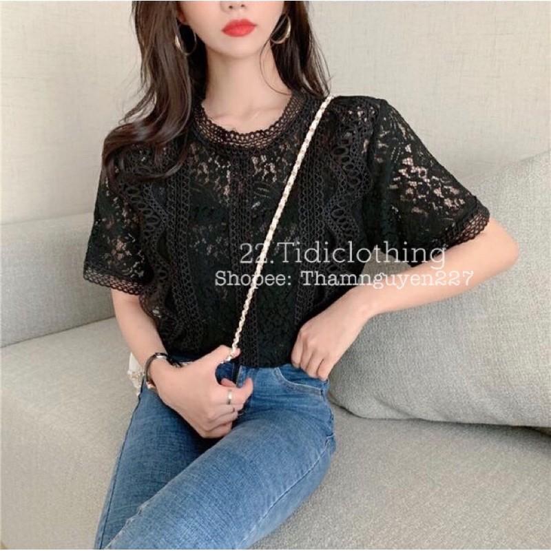 Áo sơ mi kiểu ren cổ tròn có lót trong, áo sơ mi bigsize