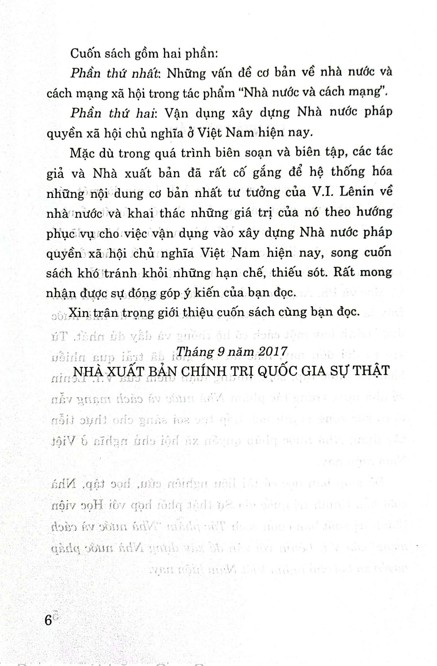 Tác phẩm &quot;Nhà nước và cách mạng&quot; của V.I.Leenin với vấn đề xây dựng nhà nước pháp quyền xã hội chủ nghĩa Việt Nam hiện nay (Sách tham khảo)