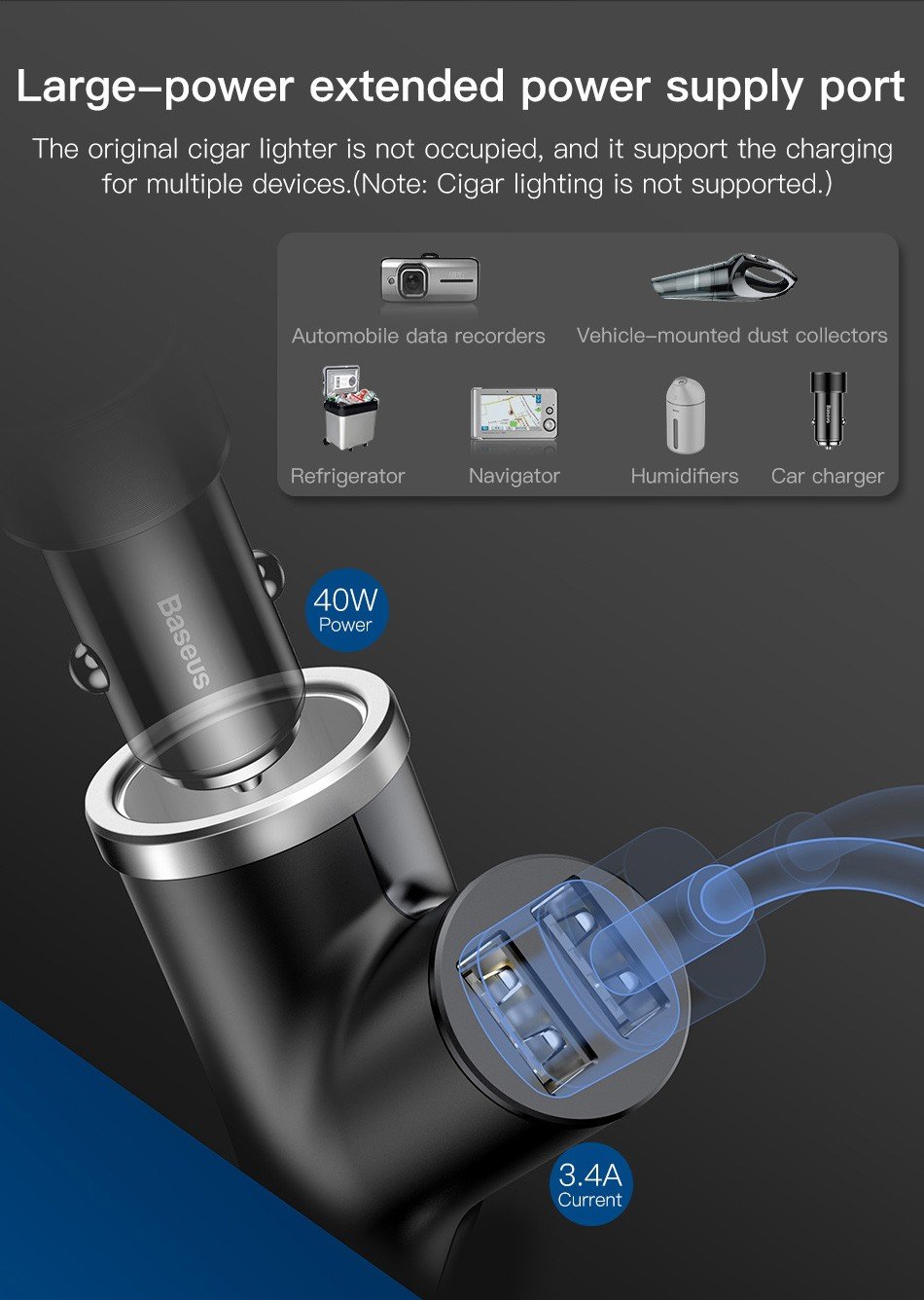 Bộ tẩu Baseus Y Type Dual USB sạc mở rộng 3 trong 1 dùng cho xe hơi 40W, 3.4A- Hàng chính hãng