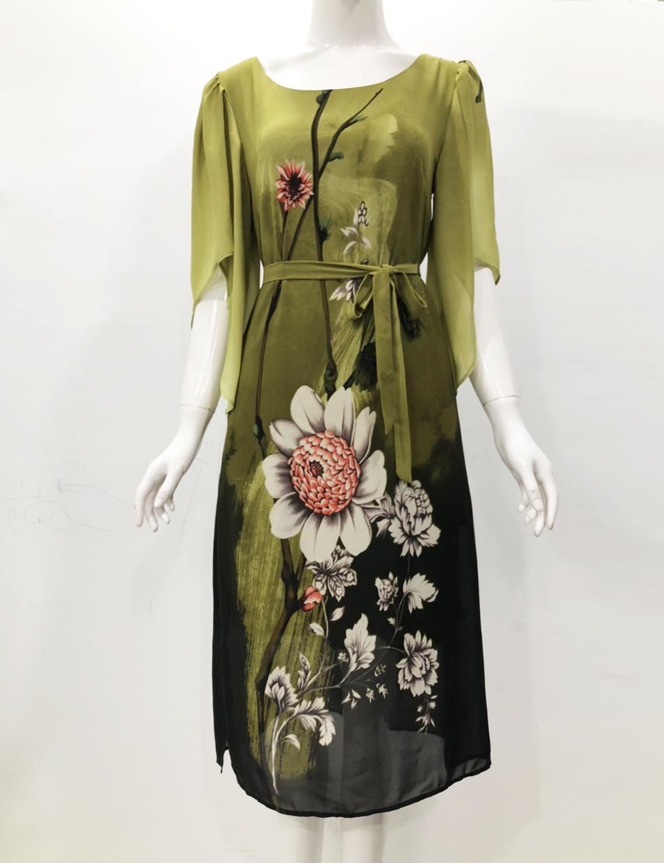 ĐẦM SUÔNG TAY CÁNH TIÊN IN CÀNH HOA TRẮNG