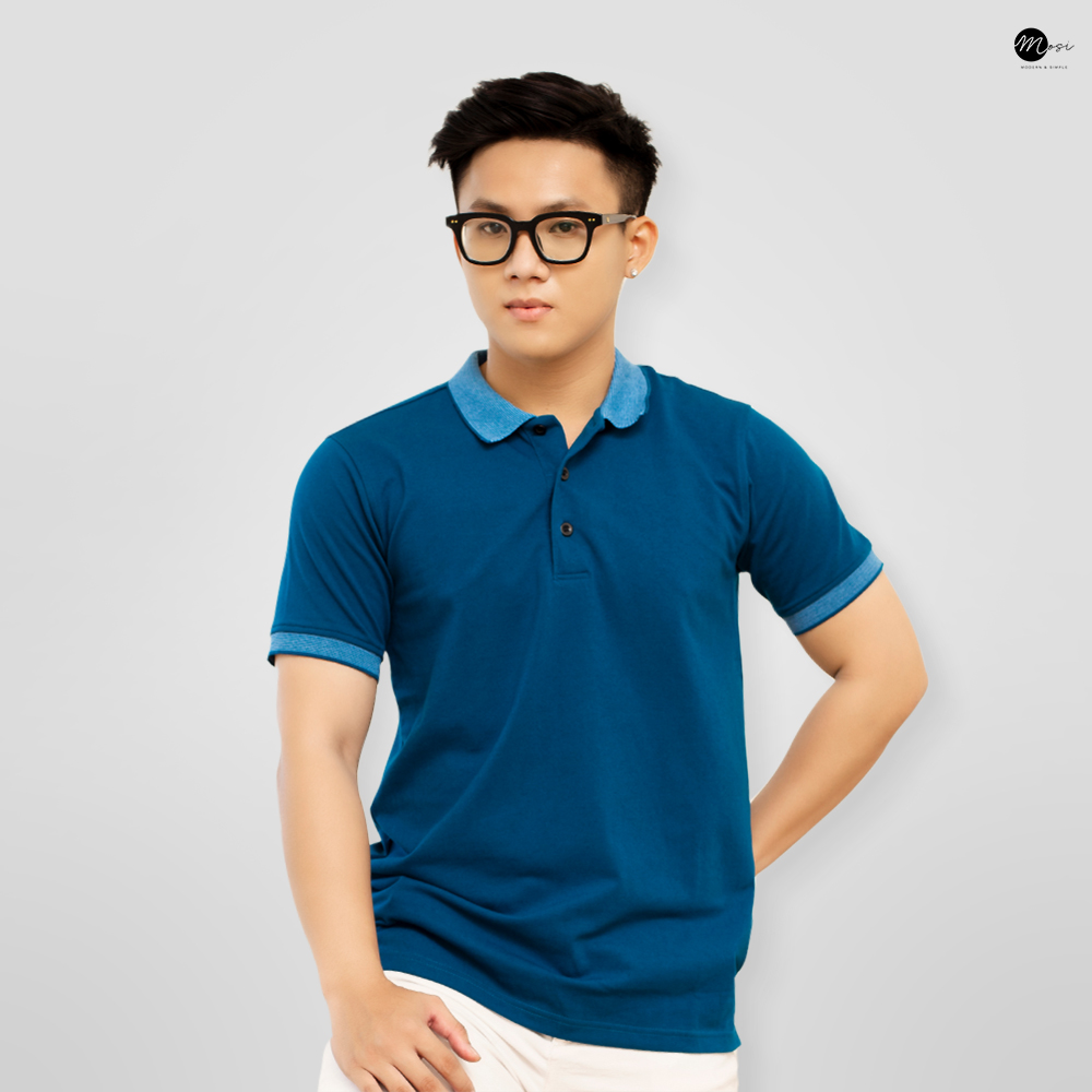 Áo polo nam cổ bẻ phối viền vải cotton chuẩn form, lịch sự, năng động,  xanh đậm- MOSI