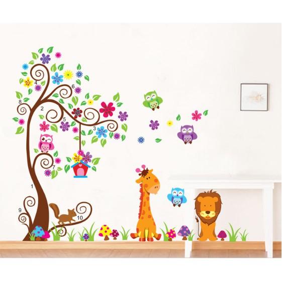 Decal trang trí tường - Cây hoa văn và thú sắc màu 03