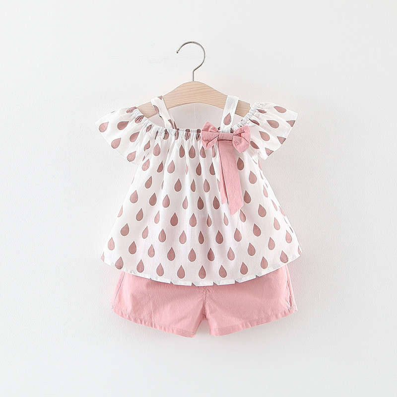 Bộ Quần Áo 2 Dây Trễ Vai Xuất Hàn Họa Tiết Hạt Mưa Đính Nơ Điệu Đà Cho Bé Gái