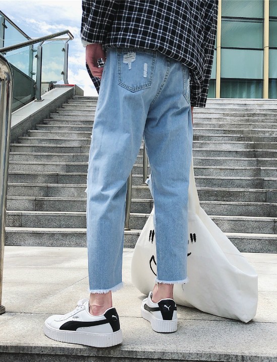 Quần jeans lửng rách gối unisex Mã: ND1590