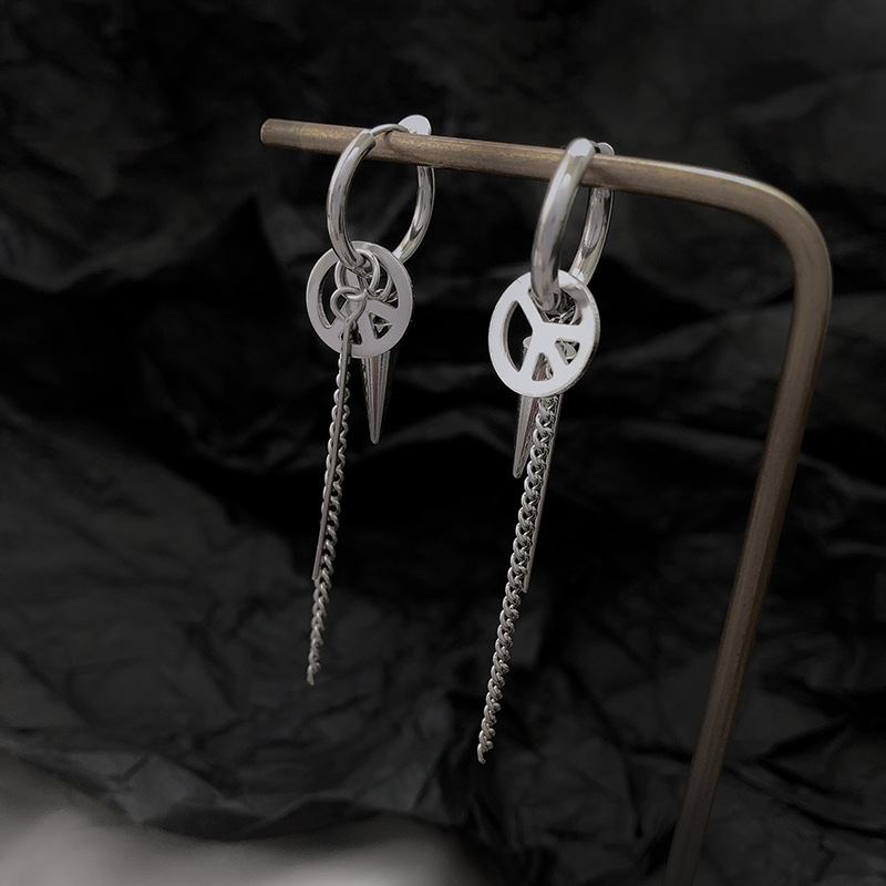 Bông tai nam mix biểu tượng hòa bình, đinh nhọn thả xích dài phong cách, cá tính
