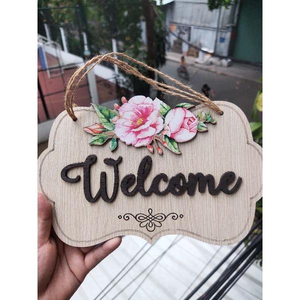 Bảng gỗ welcome 2 mặt treo cửa hàng trang trí shop