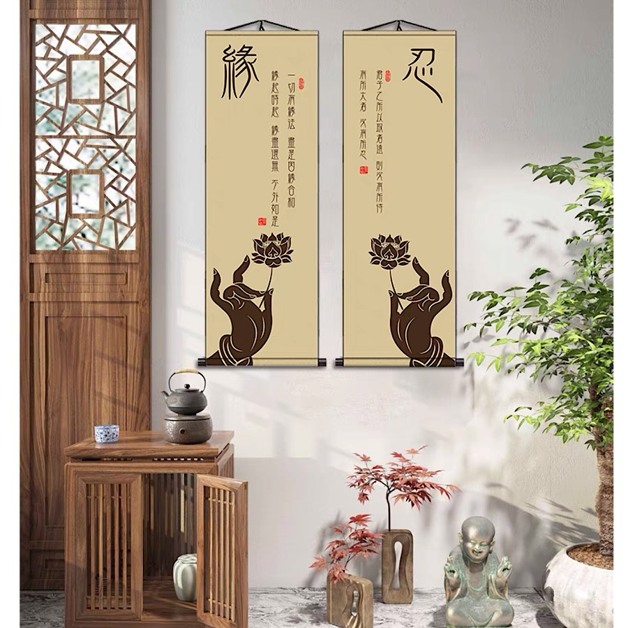 BỘ 3 CUỘN TRANH LỤA PHẬT GIÁO TREO PHÒNG THIỀN , PHÒNG TRÀ , PHÒNG THỜ