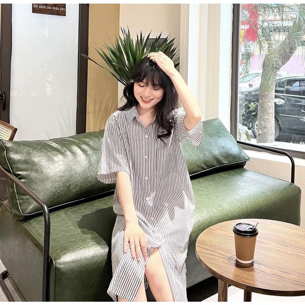 Đầm sơ mi sọc dáng suông tay lỡ, chất thô, váy sơmi ulzzang suông dài oversize hàng Quảng Châu, Quynhanhpuka