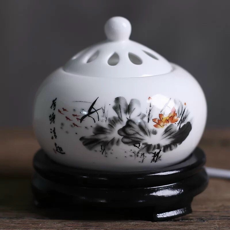 Lư Xông Đốt Trầm Hương, Tinh Dầu - Lư Gốm Sứ Xông Trầm Hương, Tinh Dầu Bằng Điện Có Hẹn Giờ