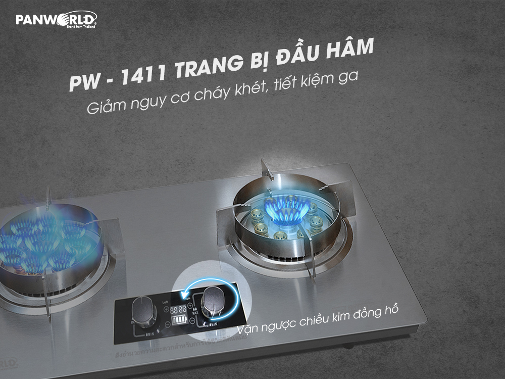 Bếp gas đôi Panworld PW-1411 lắp đặt âm hoặc dương với 9 đầu đốt kèm tính năng hẹn giờ - Hàng chính hãng