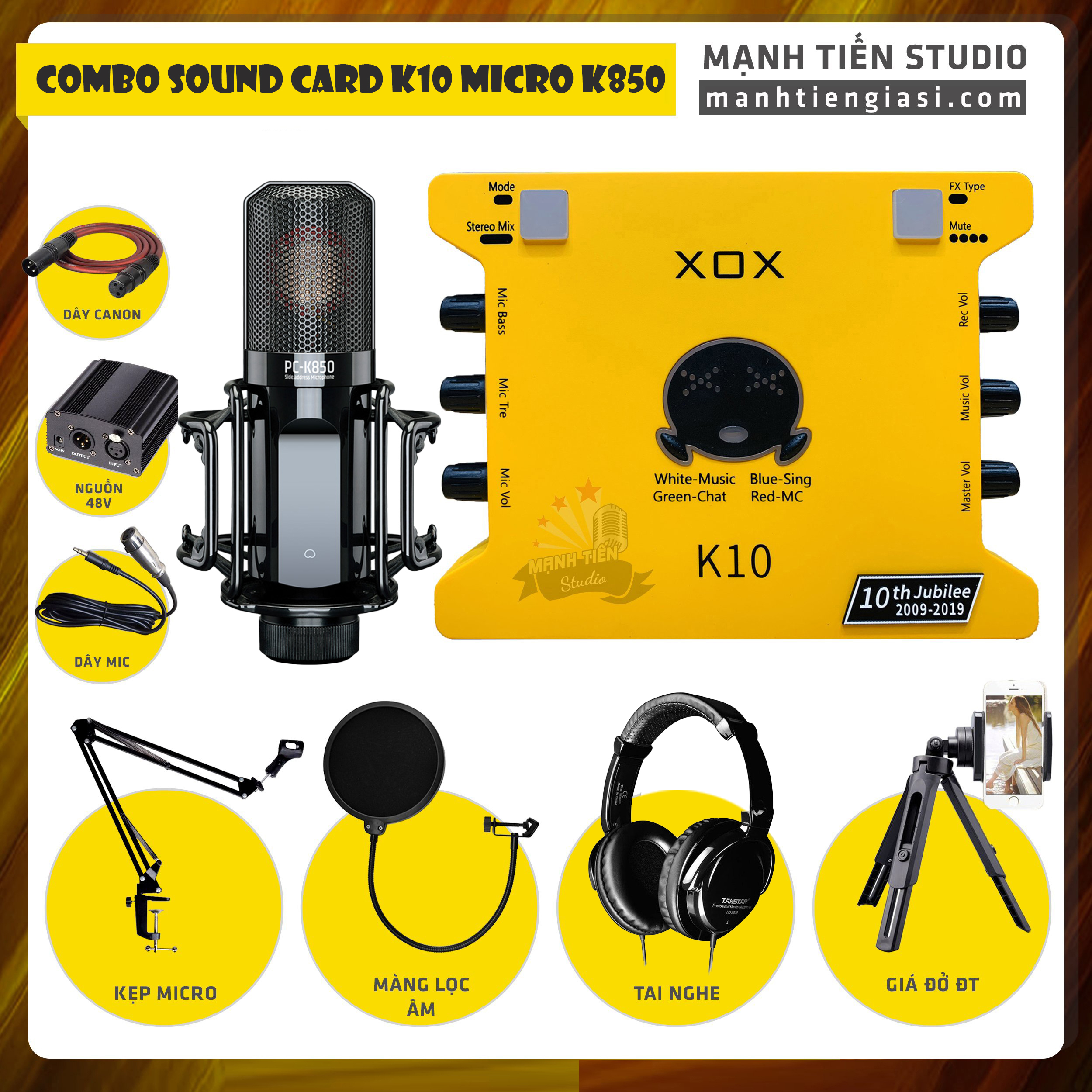 Combo thu âm, livestream Micro TakStar PC-K850, Sound card XOX K10 Jubilee - Kèm full phụ kiện nguồn 48V, kẹp micro, màng lọc, tai nghe, giá đỡ ĐT - Hỗ trợ thu âm, karaoke online chuyên nghiệp - Hàng chính hãng