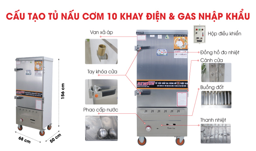 Tủ Nấu Cơm 30 Kg Gạo/ Mẻ Bằng Điện Gas 10 Khay Nhập Khẩu NEWSUN - Hàng Chính Hãng