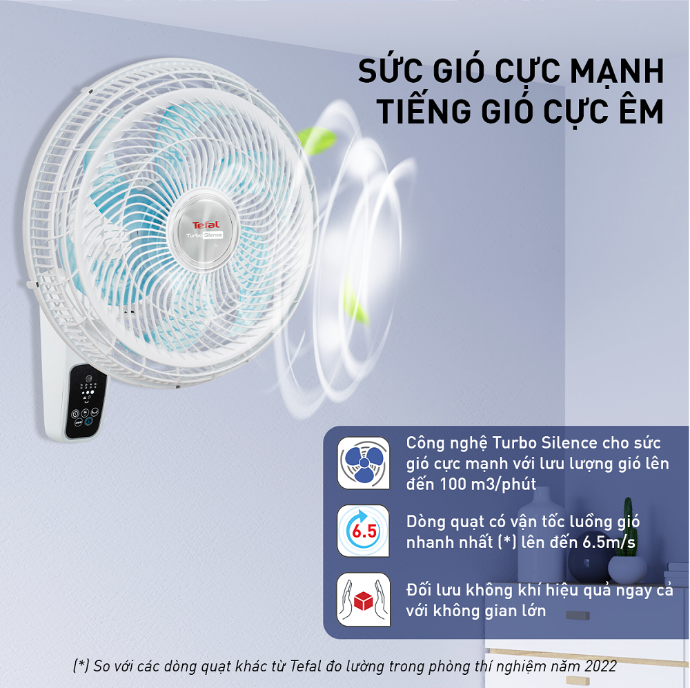 Quạt treo tường có điều khiển từ xa Tefal Turbo Silence VH677990 màu trắng- Hàng chính hãng