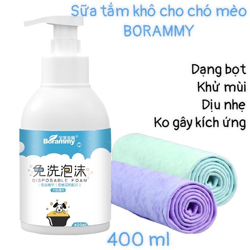 Sữa tắm khô cho chó mèo BORAMMY dạng bọt giúp làm sạch dịu nhẹ không gây kích ứng. An toàn, tiện dụng ko cần nước 400ml