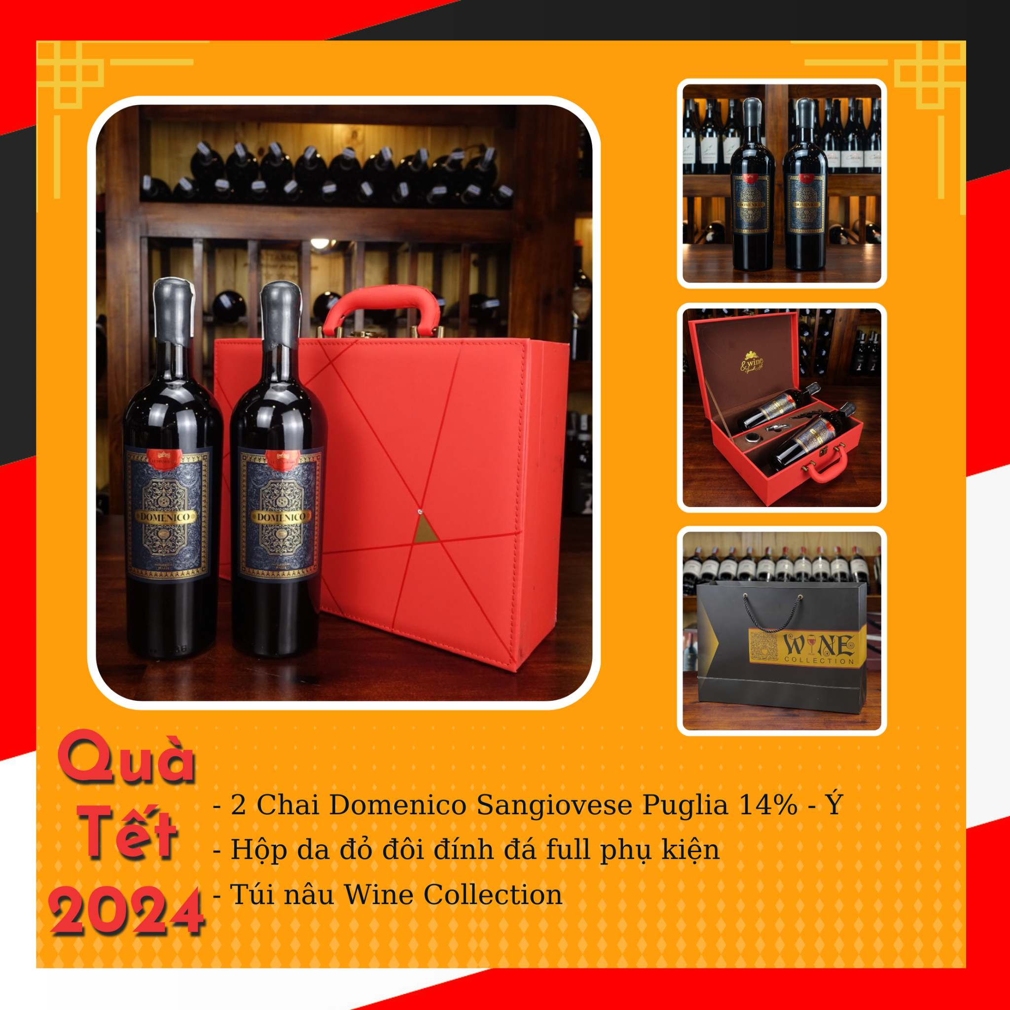 Hộp Vali đỏ đính đá + 2 chai rượu vang Ý Domenico Sangiovese Puglia