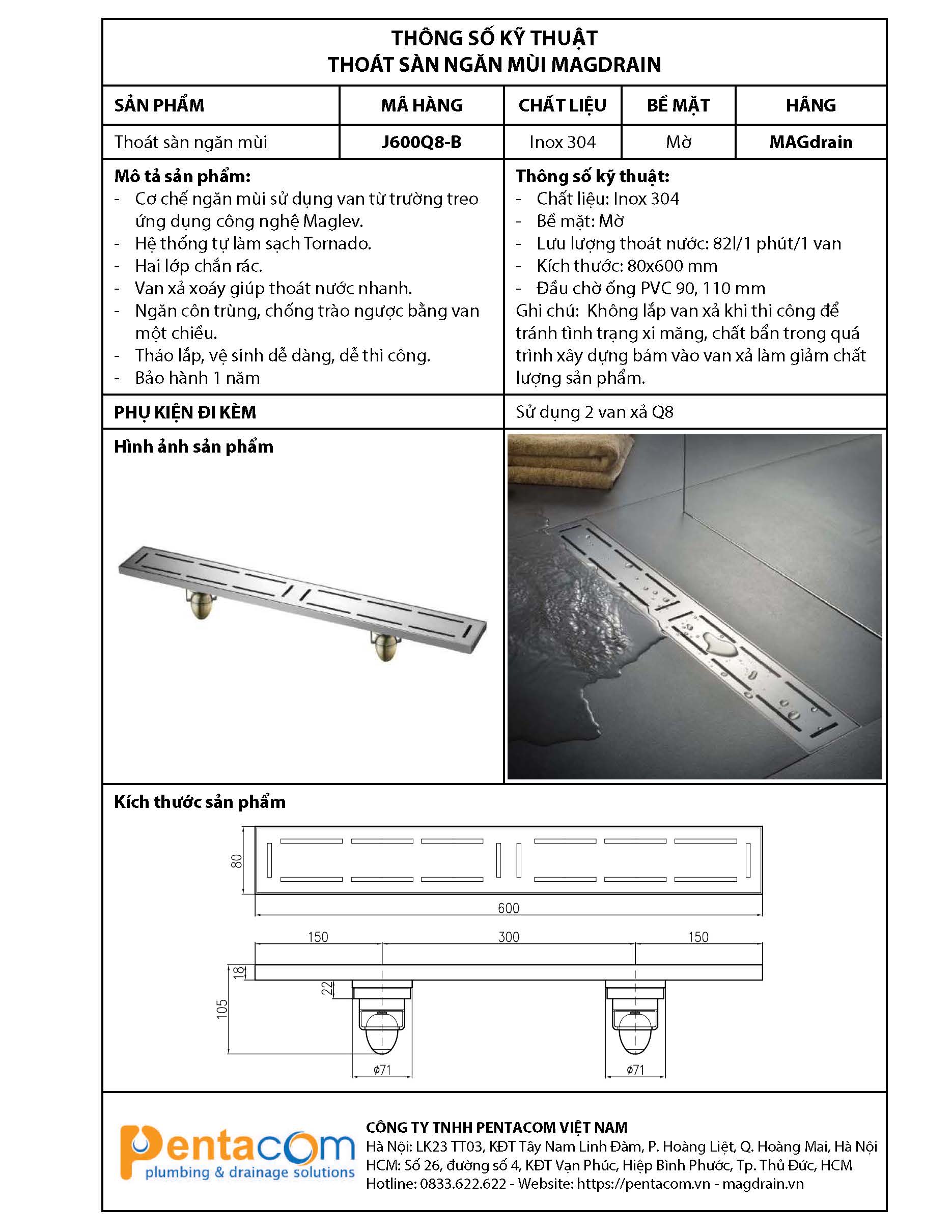 THOÁT SÀN NGĂN MÙI MAGDRAIN J600Q8-B