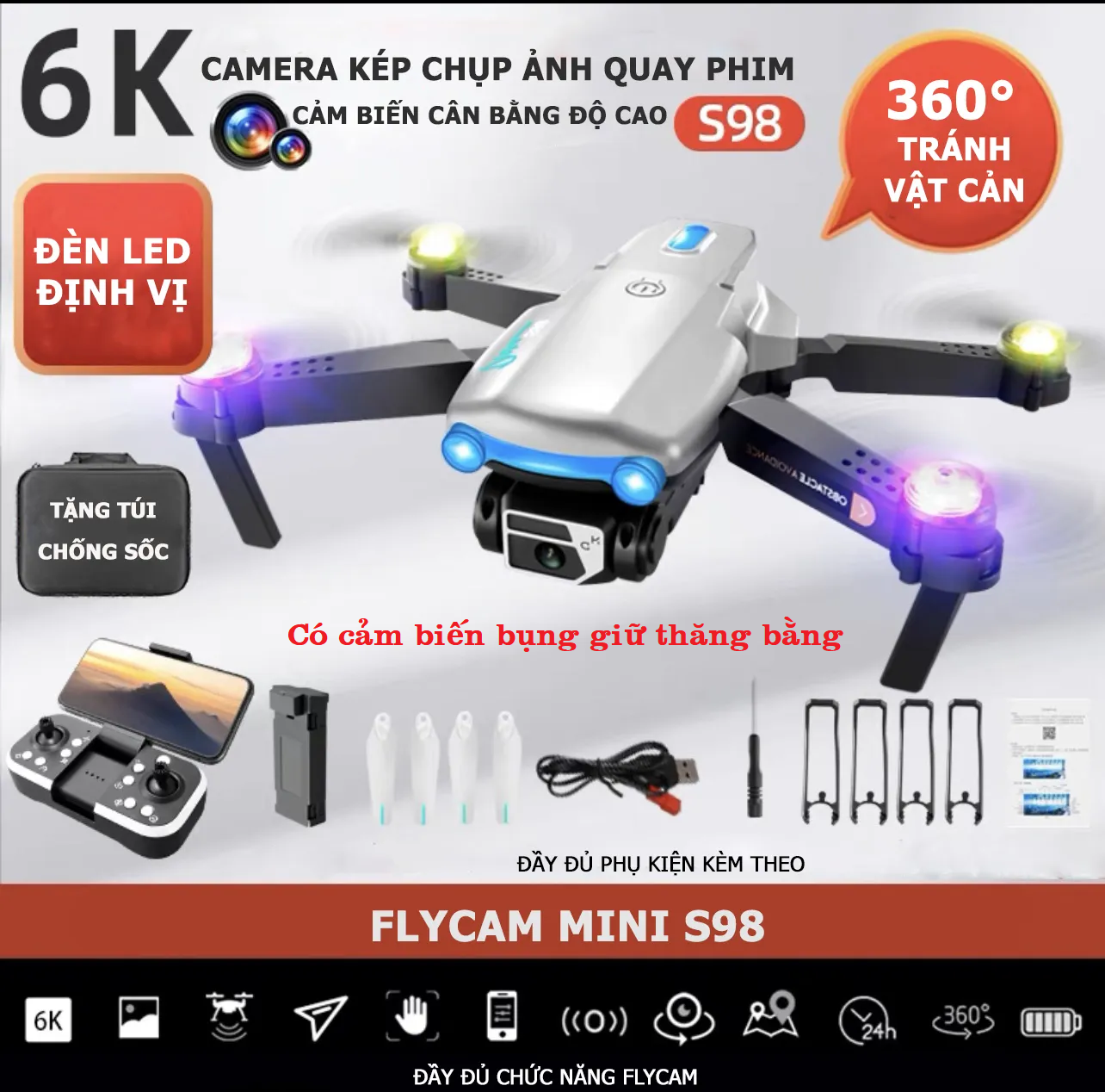 Flycam mini 4k, Flycam giá rẻ S98 Pro Max Cảm biến chống va chạm 4 chiều, đèn led bay ban đêm, cảm biến bụng giữ thăng bằng khi bay, nhào lộn 360 độ