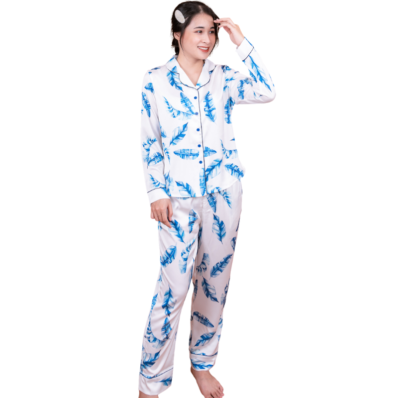 Đồ bộ pyjama nữ, đồ mặc nhà VILADY - B115 kiểu tay dài quần dài họa tiết lá xanh, chất liệu lụa Pháp ( lụa latin) siêu mát