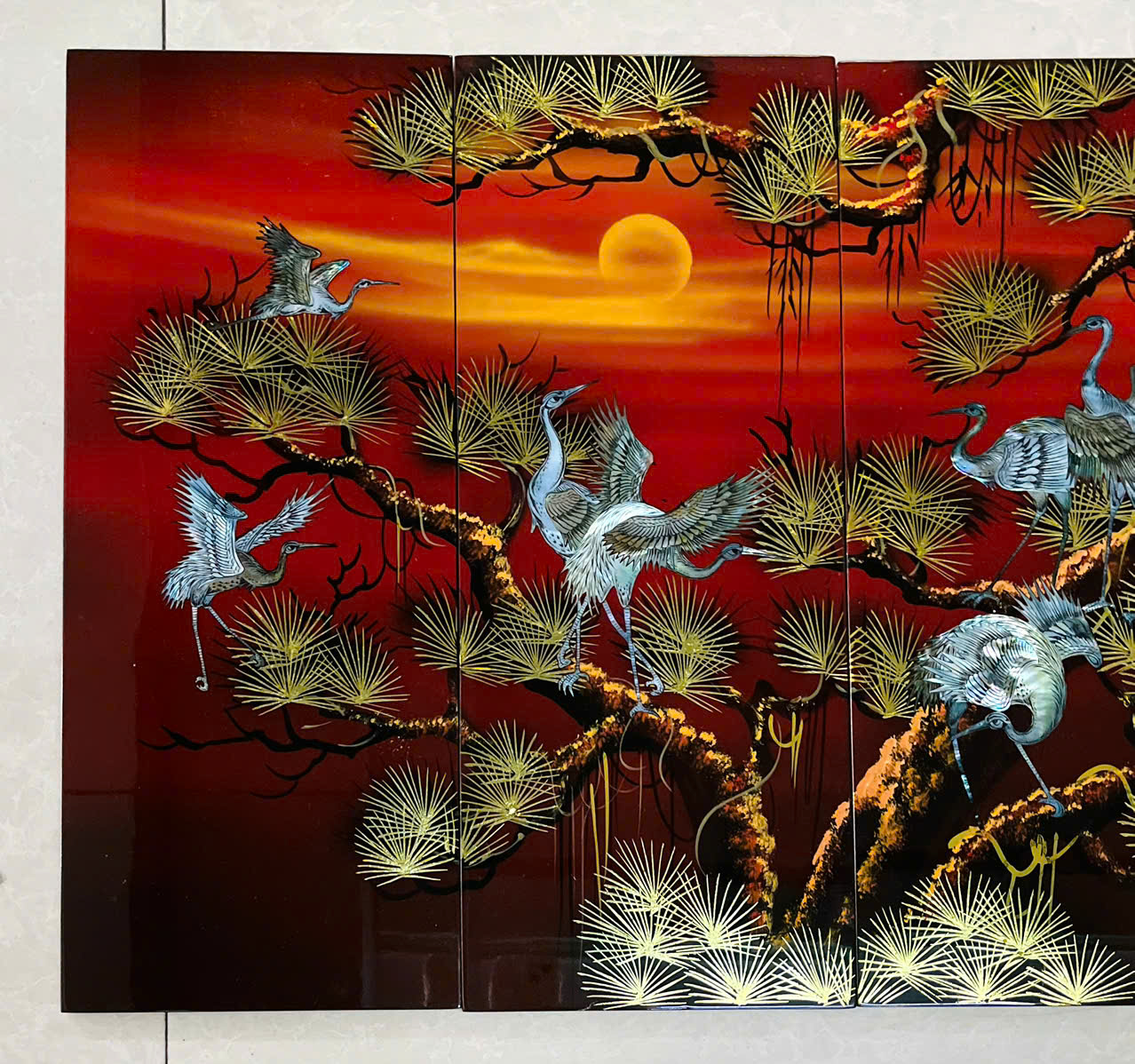 Bộ Tranh sơn mài 4 tấm -TÙNG HẠC DIÊN NIÊN - khảm cừ size 50x80 cm - Ý Nghĩa Phong Thủy