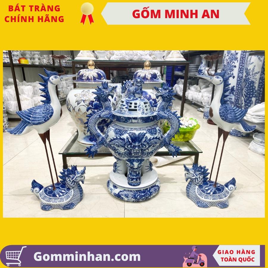 Bộ Đỉnh Hạc Thờ Sứ Bộ Tam Sự Thờ Sứ Men Xanh Đắp Nổi Cao Cấp-Gốm Sứ Bát Tràng-Gốm Minh An