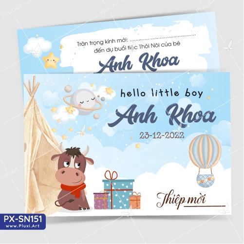 Thiệp thôi nôi – sinh nhật Pluxi bé Trai tuổi Sửu - Trâu - PX_SN151