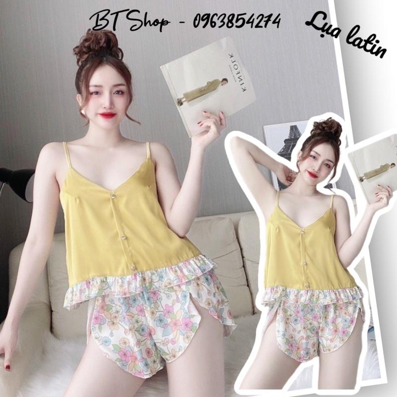 Đồ ngủ mặc nhà lụa latin hoạ tiết quần đùi freesize 42-57kg