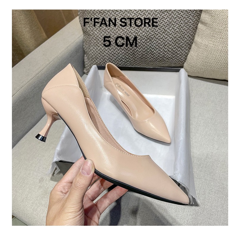 Giày Mũi Nhọn Gót Nhọn (DA THẬT) Da Mềm, Đen Trắng sữa Hồng nude Gót Mềm FFAN STORE