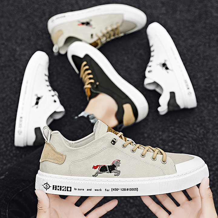 Giày Sneaker Nam Chất Liệu Simili Cổ Thấp Thêu Hình Ngựa Phong Cách Trẻ Trung Đơn Giản