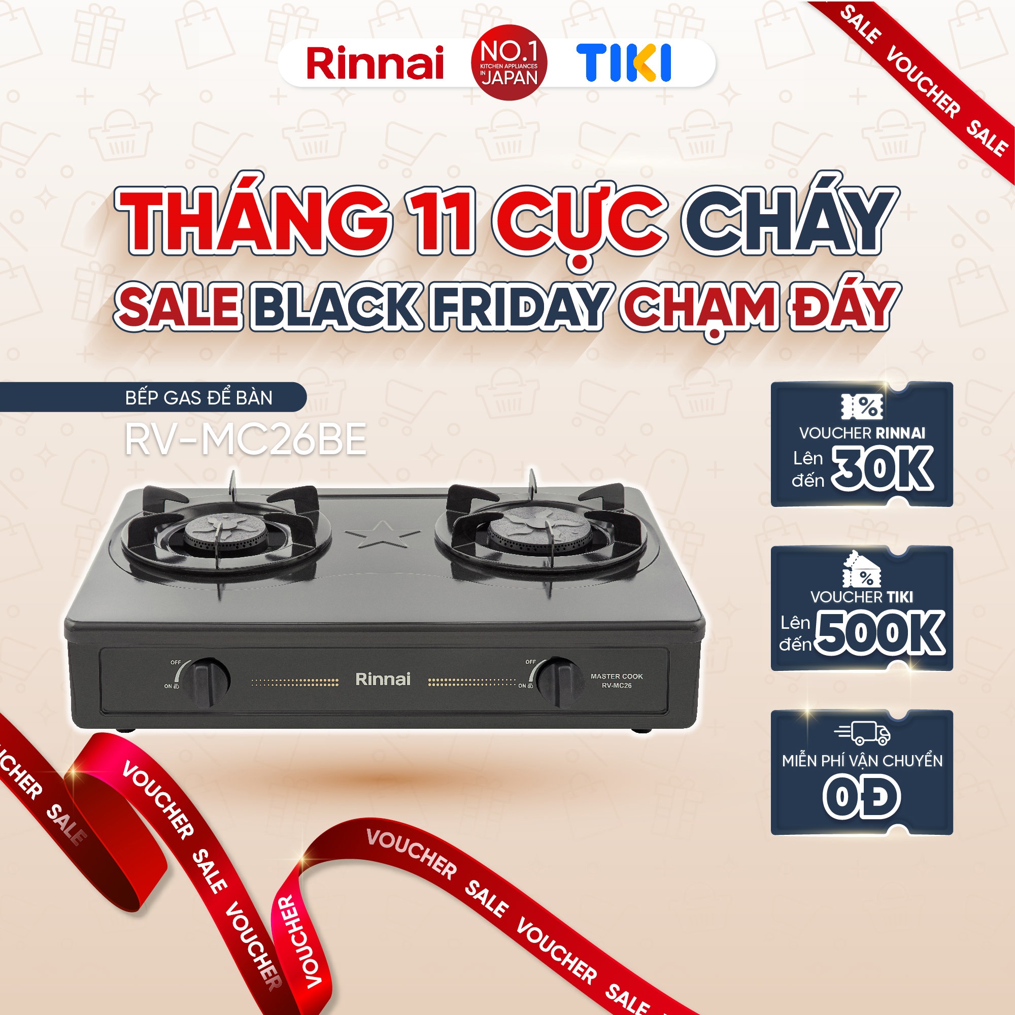 Bếp gas dương Rinnai RV-MC26BE mặt bếp men và kiềng bếp men - Hàng chính hãng