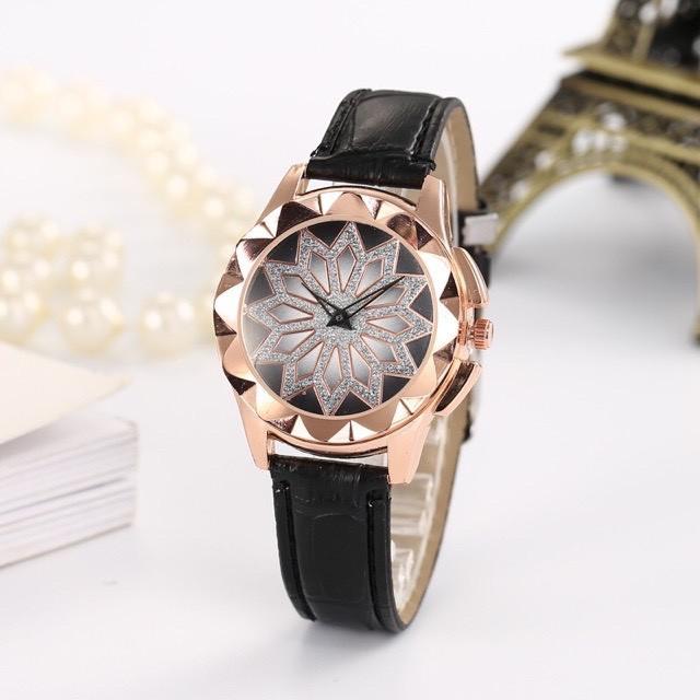 Đồng hồ nữ Ulzzang dây da mặt thiết kế hoa 3d siêu đẹp