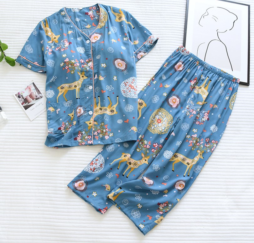 Bộ Đồ Pijama Nữ Mặc Nhà Ngắn Tay Azuno ABN2606 Chất Liệu Cotton Lụa Có Lót Ngực Tiện Lợi Cho Mùa Hè