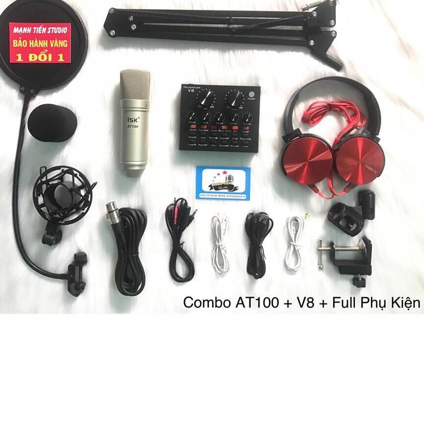 Trọn bộ AT100 + Soundcard V8 thu âm chuyên nghiệp, livestream fb, bigo, tiktok, hát karaoke,..