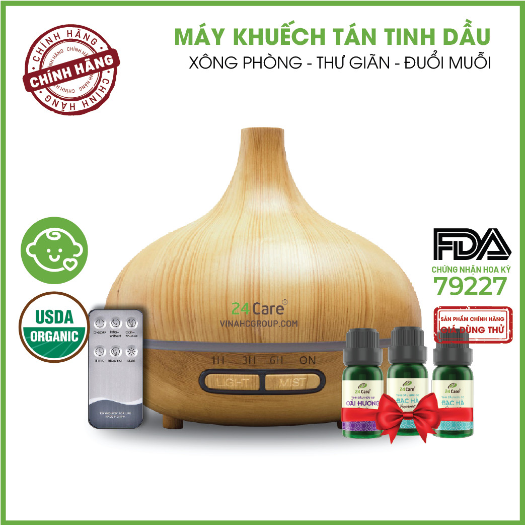 Máy khuếch tán Tinh Dầu 24Care Bí Ngô Vàng Ultrasonic 500ml, Tặng 3 Chai Tinh dầu Sả Chanh + Bạc Hà + Oải Hương 24Care 10ml | Xông Phòng | Kèm Remote Điều Khiển |Công nghệ siêu âm tiên tiến.