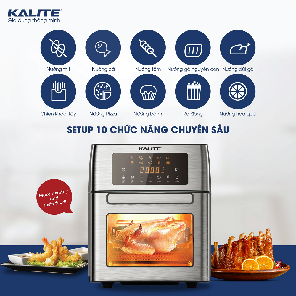 Nồi chiên không dầu Kalite KL 1500, dung tích 15L, công suất 1700W, dải nhiệt 40-200 độ, bộ phụ kiện xiên quay, giỏ lồng quay đa dạng, setup sẵn 10 chức năng nấu, hàng chính hãng