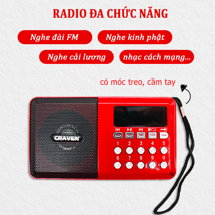 Radio mini nghe đài, nghe nhạc thẻ nhớ, USB, nghe kinh phật Craven CR-65 - có đèn pin (hàng nhập khẩu)