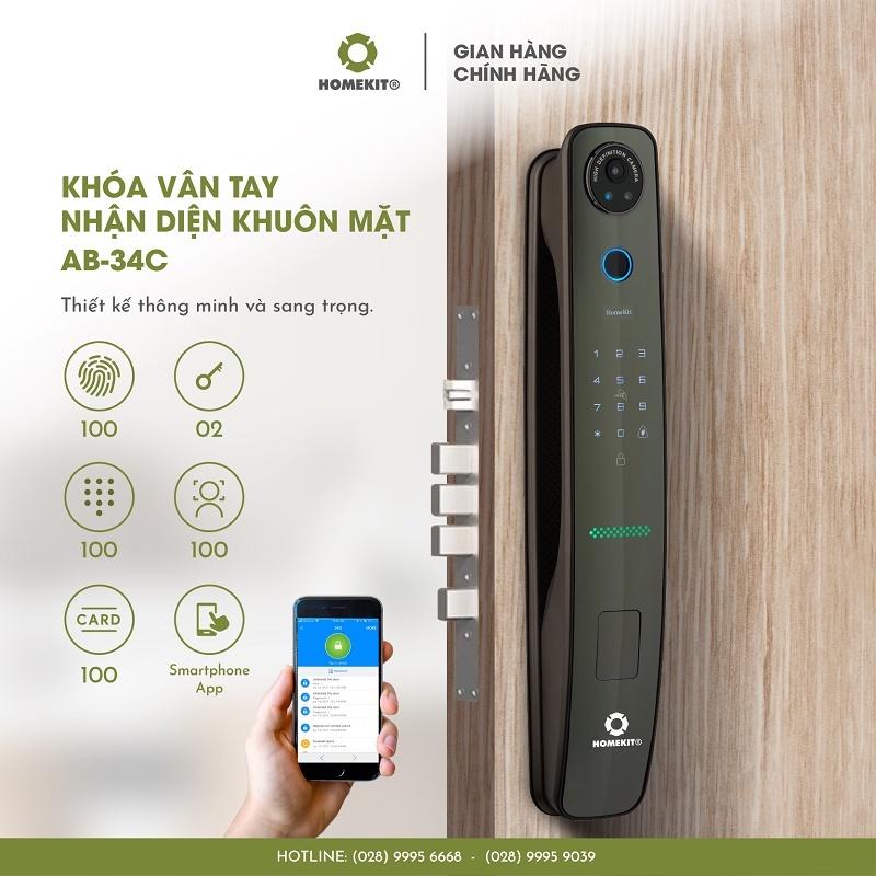 Khóa cửa vân tay điện tử thông minh nhận diện khuôn mặt HOMEKIT AB-34C tích hợp 6 tính năng, điều khiển app USmart Go