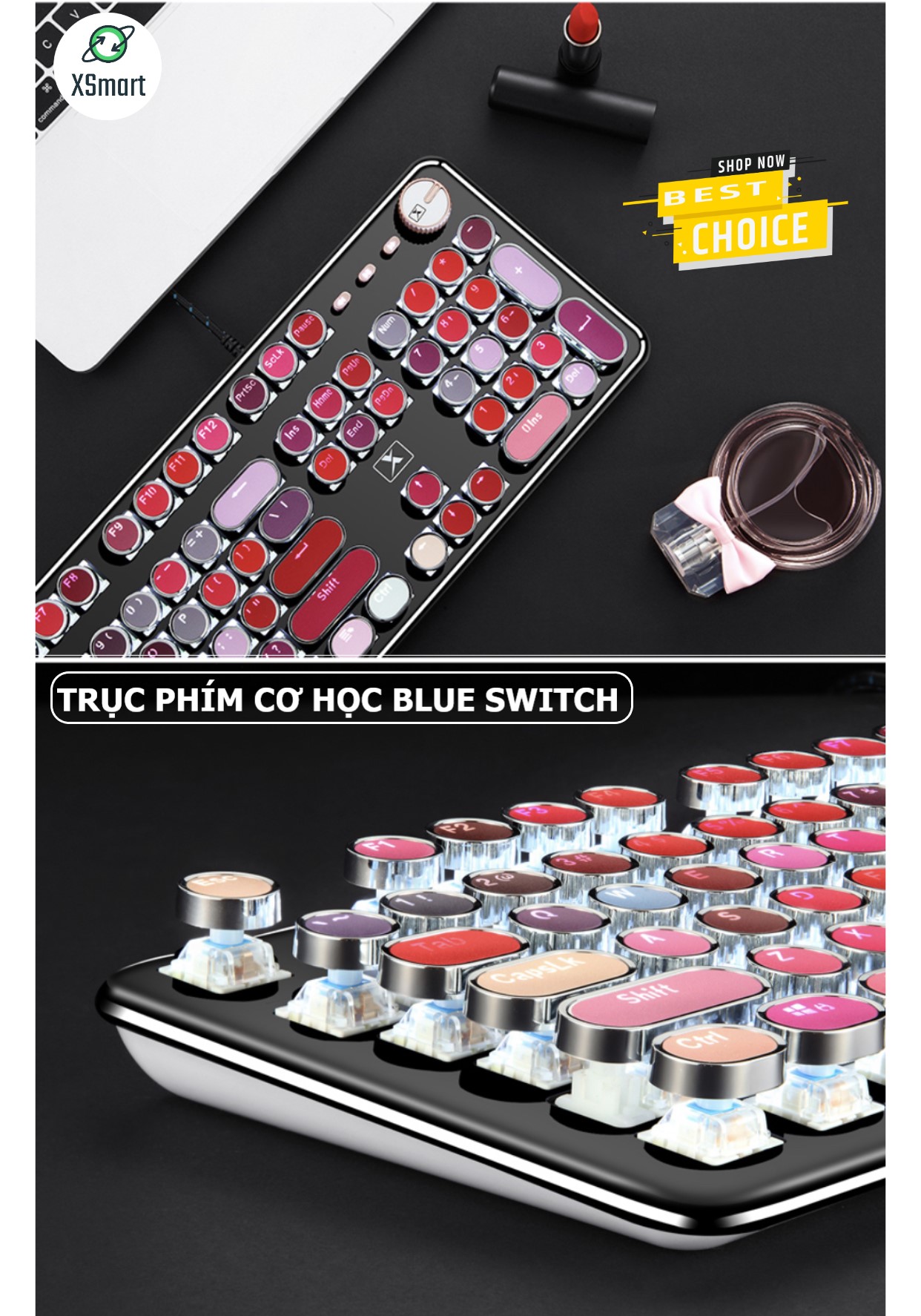 Bàn Phím CƠ Máy Tính XSmart Lipstick K520 PRO LED Đổi Màu, Bản Đặc Biệt Siêu Đẹp, Trục cơ blue switch cho pc, laptop - Hàng Chính Hãng