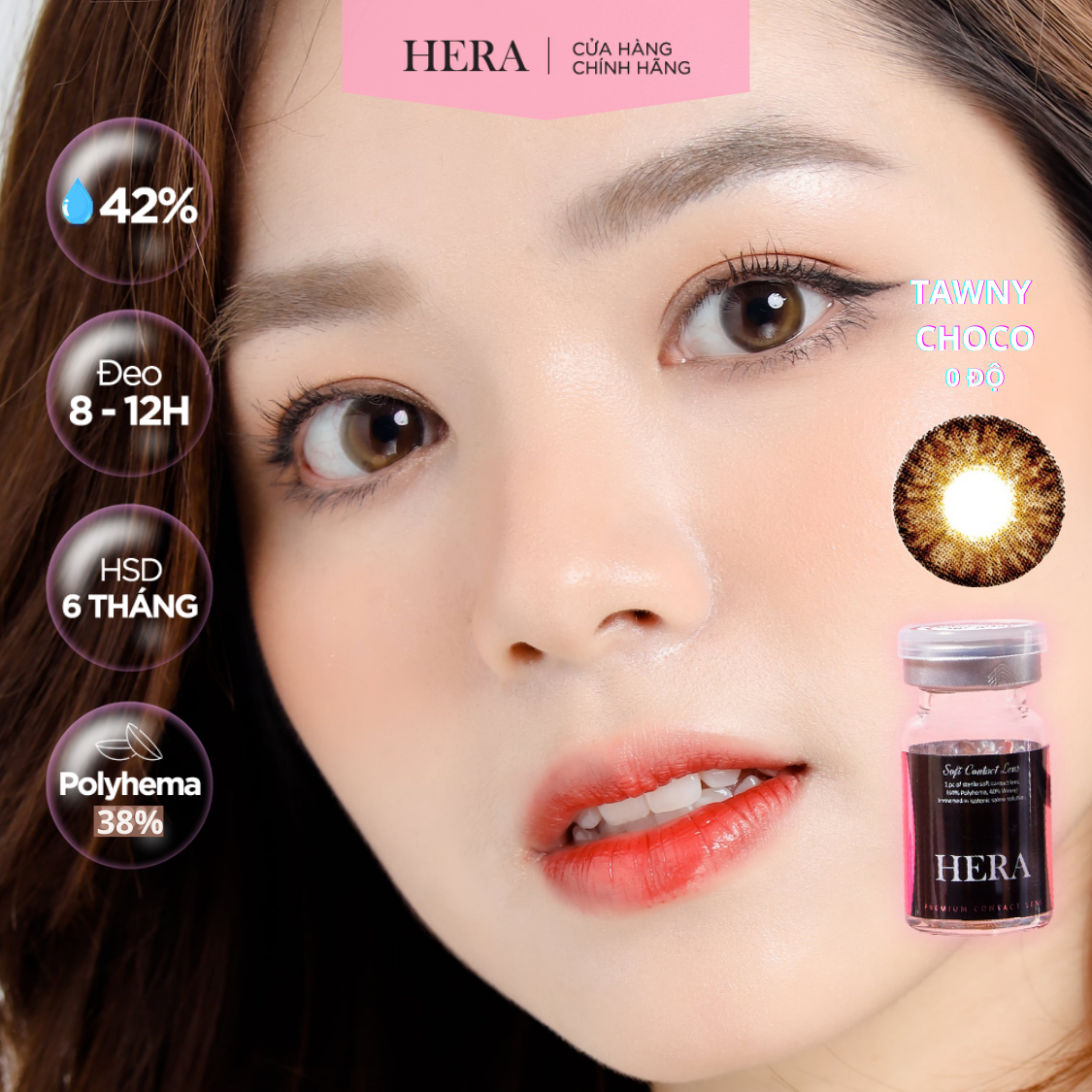 Kính Áp Tròng Hera Nâu Gỗ Sáng Viền Đen Không Độ TAWNY CHOCO Nhập Khẩu Hàn Quốc Lens Không Cận 6 Tháng