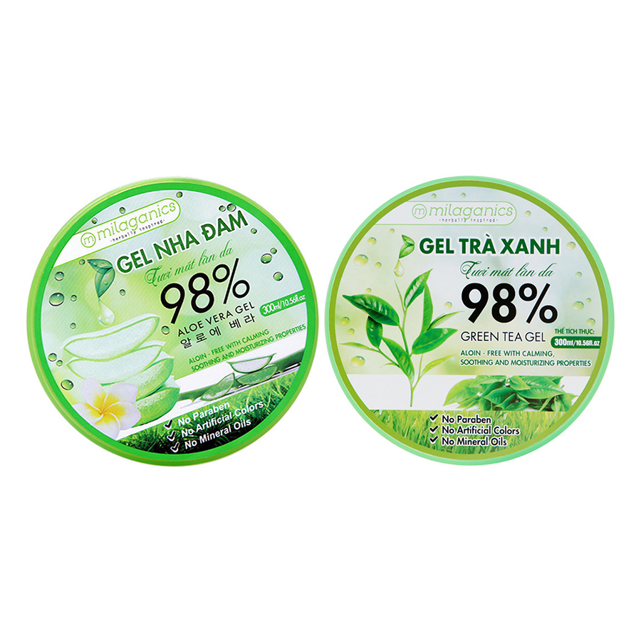 Combo Gel Trà Xanh + Gel Nha Đam Tươi Mát Làn Da Milaganics (300ml / Hộp)