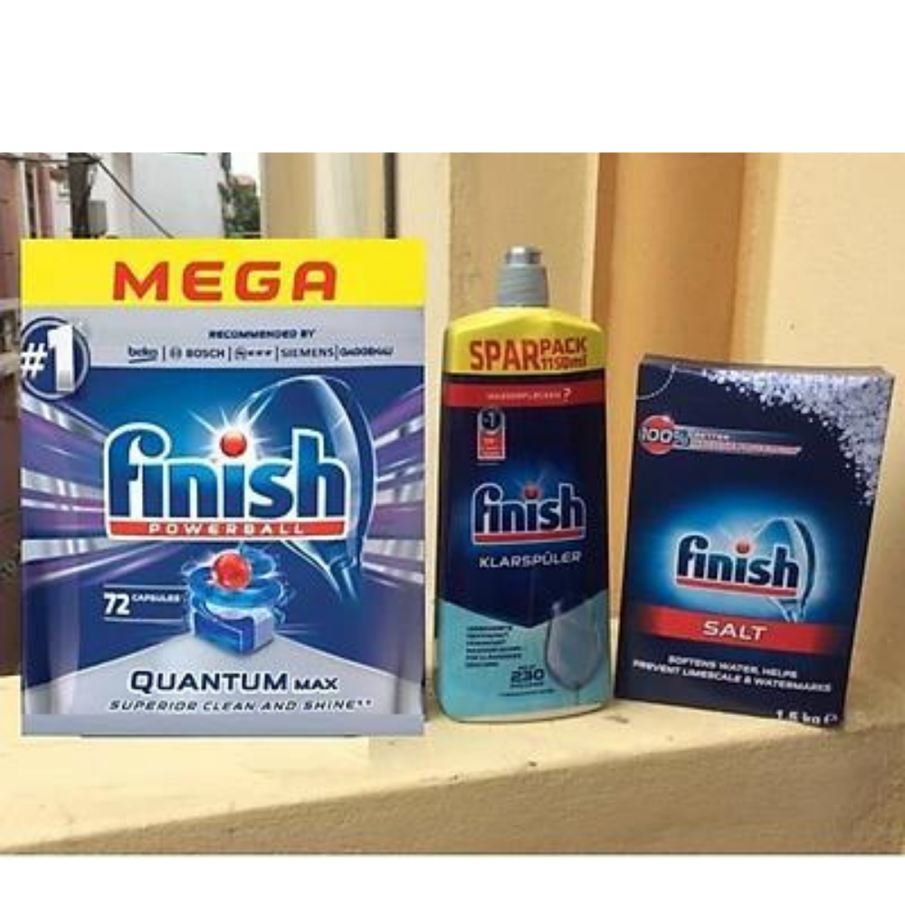 Combo Viên rửa chén Finish quantum 72 tabs + Muối Finish 1.5kg + Nước bóng finish 1150ml