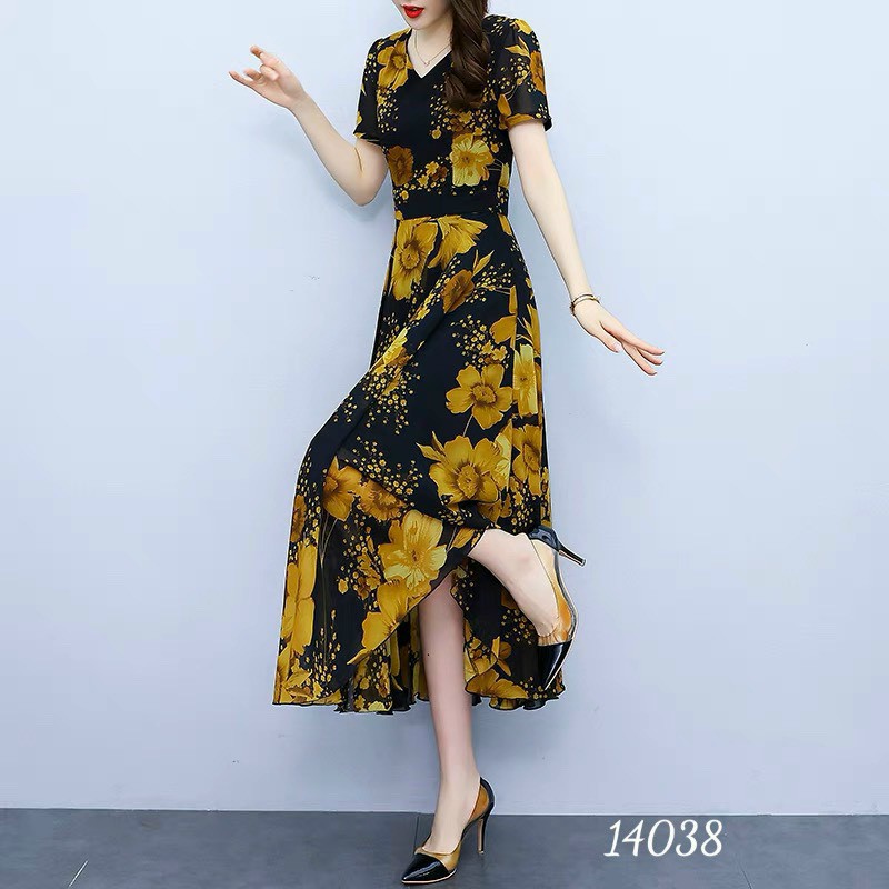 Đầm váy nữ voan midi hoa tay ngắn cổ V dự tiệc đám cưới đen vàng cao cấp