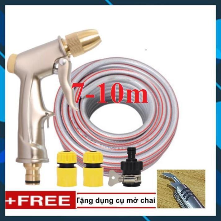 Vòi Xịt️ Bộ dây vòi xịt nước rửa xe, tưới cây , tăng áp 3 lần, loại 7m, 10m 206701-1 đầu đồng,cút+ mở chai