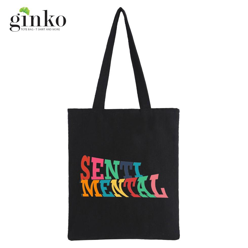 Túi Tote Vải Canvas Ginko kiểu basic có dây kéo khóa miệng túi đựng vừa laptop 14 inch và nhiều đồ dùng khác Phong Cách ulzzang Hàn Quốc In Hình Sentimental B39
