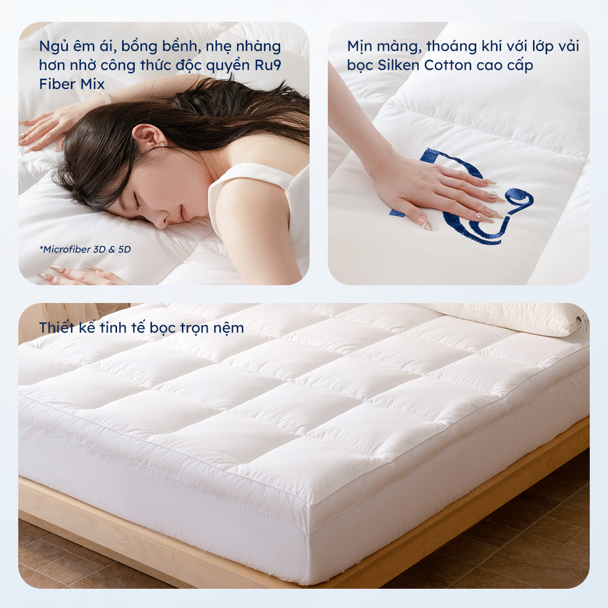 Mây Topper Ru9 Cao Cấp | Màu Trắng | Ru9 Fiber Mix bồng bềnh nâng đỡ | 07 Ngày 1 Đổi 1 | 1m6, 1m8, 2m, 2m2