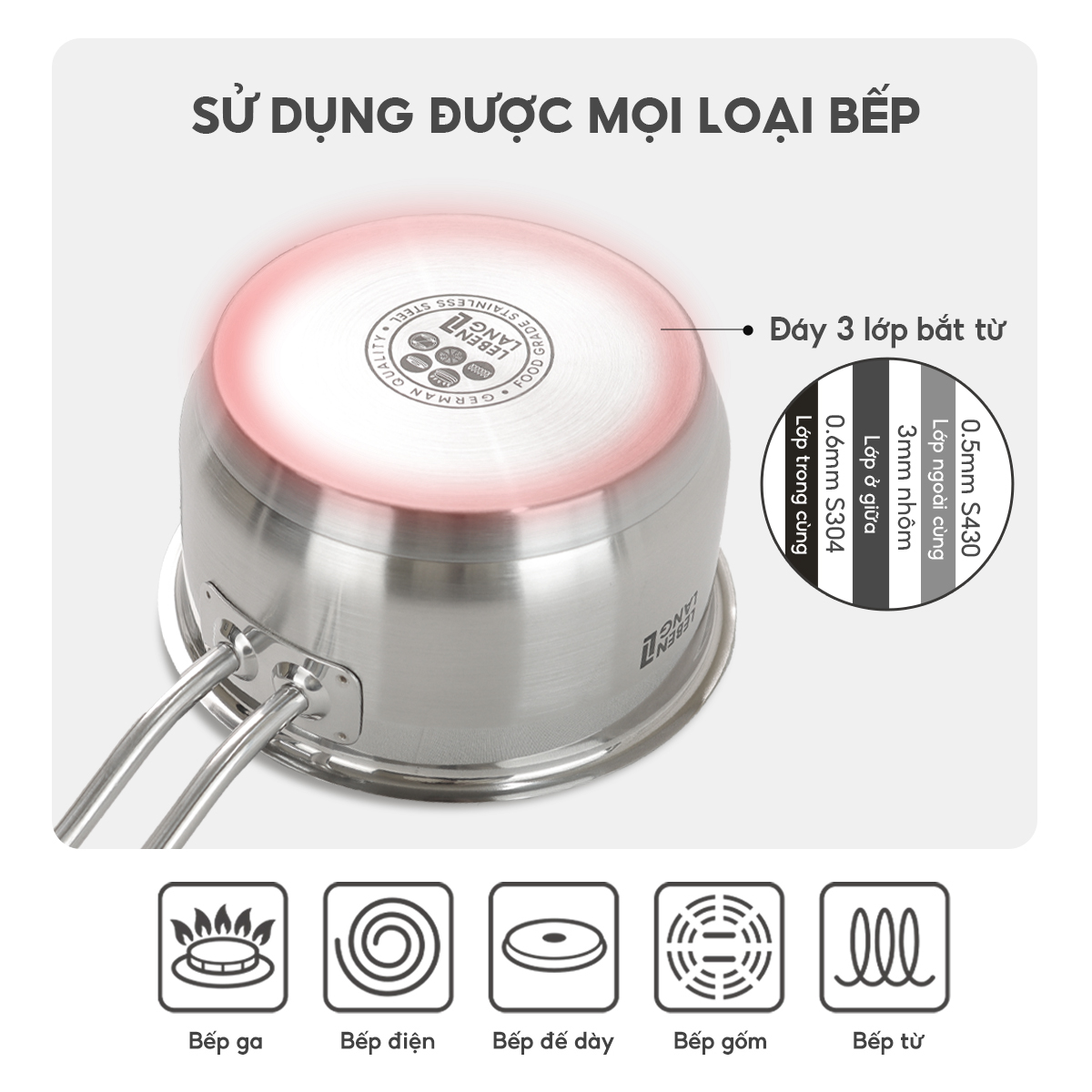 Quánh inox 304 vung kính đáy 3 lớp Lebenlang LBL2530,  LBL2531, LBL2532, size 12,14,16, dùng các loại bếp - hàng chính hãng