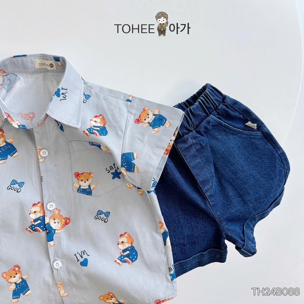 Set bộ cho bé trai áo sơ mi phối quần jeans họa tiết gấu từ 10-25kg chất vải mềm mát