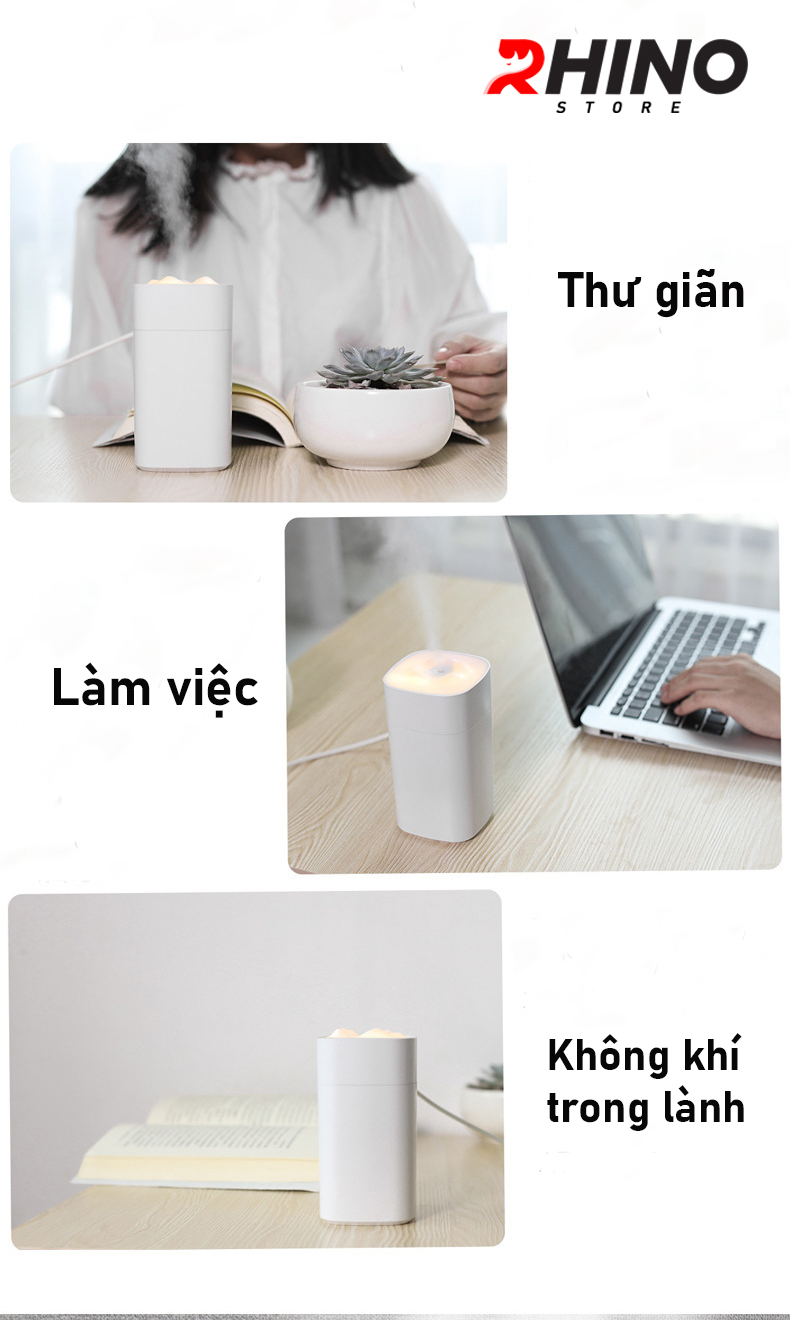 Máy phun sương xông tinh dầu tạo ẩm Rhino H907 dung tích 350ml, nhỏ gọn, không gây tiếng ồn, tích hợp đèn ngủ - Hàng chính hãng